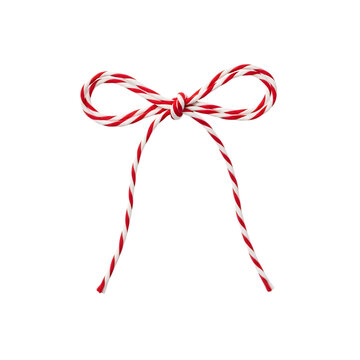Decorative bow made of red and white striped twine string tied in a knot isolated on a clean white background, for gift wrapping, and holidays isolated on a transparent background