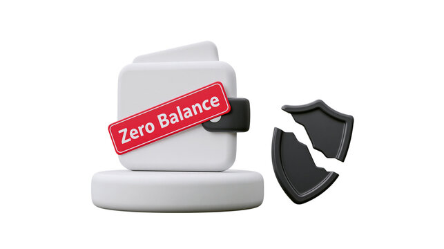 White credit card with zero balance sticker and broken shield icon isolated on transparent background png cutout