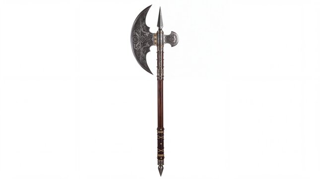 Intricate medieval battle axe featuring detailed steel engravings and dark wooden handle on white background