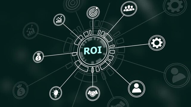 Dynamic roi return on investment concept animation featuring interconnected digital business financial growth strategy infographic, corporate data analytics hud interface, and modern marketing success