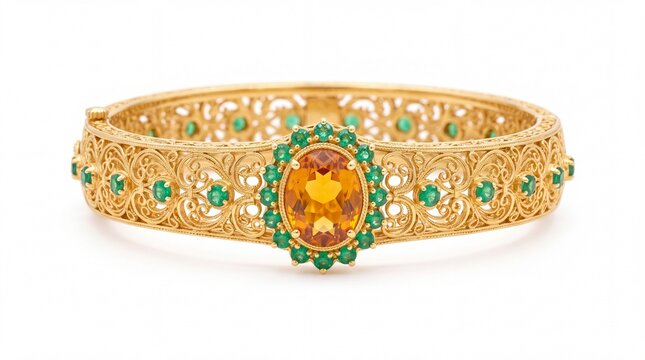 Ornate gold bangle featuring central oval citrine and small emeralds showcased in studio on white background