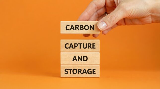 Hand placing a wooden block with carbon capture and storage text