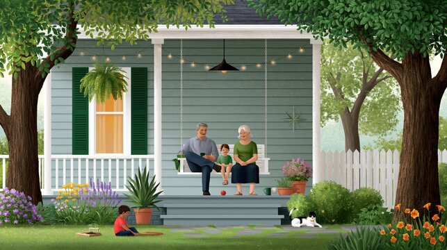 Family enjoys time on the porch of their house while children play in the yard and a dog relaxes nearby