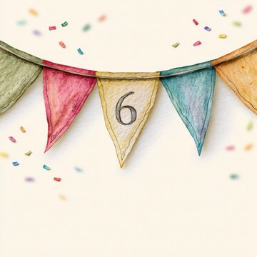 Colorful festive bunting flags with hand-drawn number six surrounded by scattered confetti on a light background for celebration designs