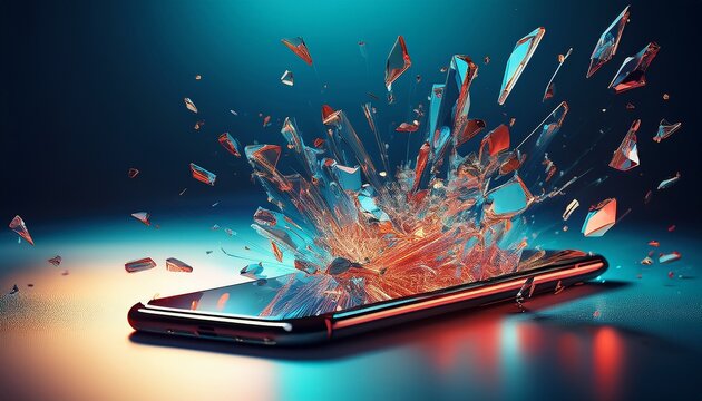 broken smartphone screen with flying glass shards technology damage concept ai generative