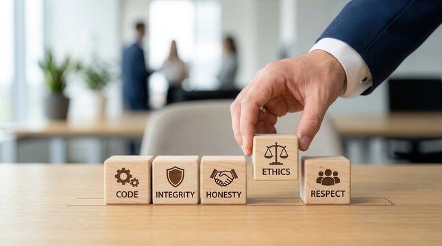 Foundation of a strong business code of conduct using wooden blocks with ethics and integrity icons.