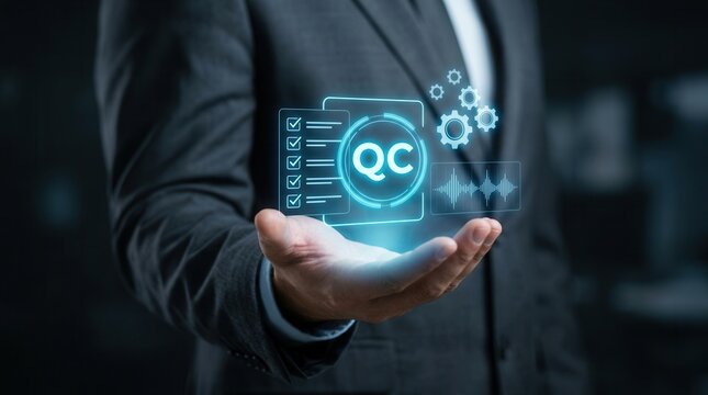 Digital quality control QC checklist and analytics dashboard floating above an open hand.