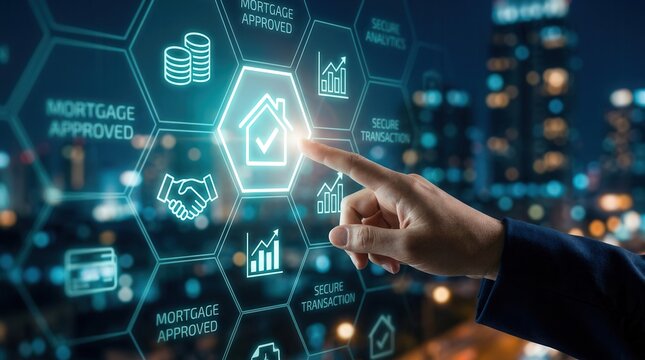 Smart property investment and digital real estate approval process shown on a futuristic glowing interface.