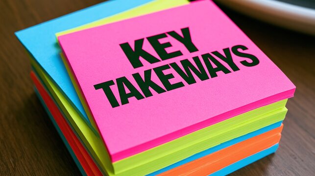 Vibrant stack of colorful sticky notes with "KEY TAKEAWAYS" text, symbolizing important information, summary points, and essential learning or business concepts