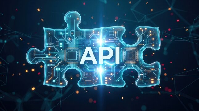 Futuristic digital representation of API integration using interlocking puzzle pieces for system connectivity.