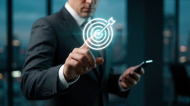 Global business leadership and corporate development strategy shown as a businessman touching a digital goal icon.