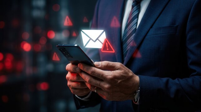 A businessman encountering a cyber attack danger via a phishing email warning alert on his mobile device.