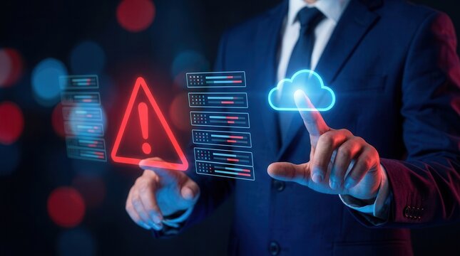 A businessman handles data center risks and a cybersecurity breach alert via a futuristic touch interface.