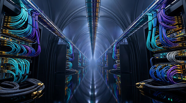 Futuristic Sci-Fi Tunnel Corridor &ndash; 3D Perspective Cyber Space Background with Glowing Lights