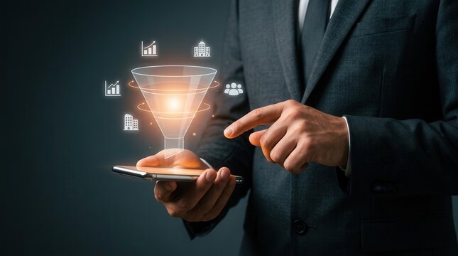 A person interacting with a marketing funnel and analytics graphics on a mobile device.