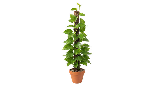 Pothos houseplant climbing a moss pole in terracotta pot, green epipremnum aureum indoor plant, tropical foliage isolated on white background