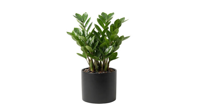 Zamioculcas zamiifolia houseplant in black ceramic pot, lush green ZZ plant isolated on white background, modern indoor foliage for home decor