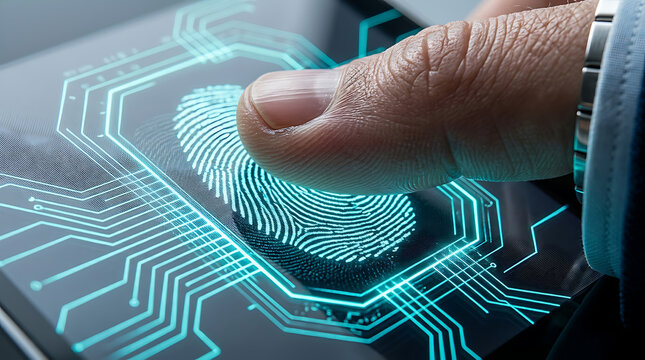 Biometric Fingerprint Scanner on Digital Touchscreen &ndash; Cyber Security and Identity Verification Concept