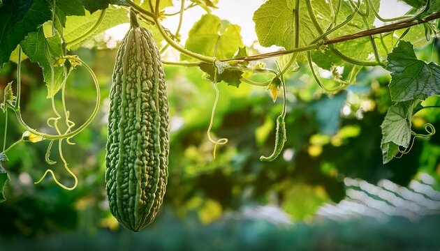 hanging bitter melon shows its unique texture among vines and leaves in a garden