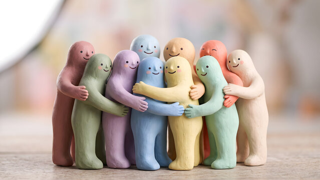 Group of colorful clay figurines hugging each other to represent friendship, unity, diversity, and emotional support in a community