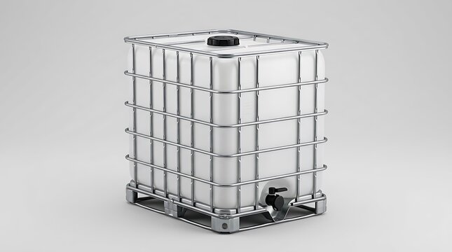 Large plastic water tank with metal cage on a pallet. ibc container