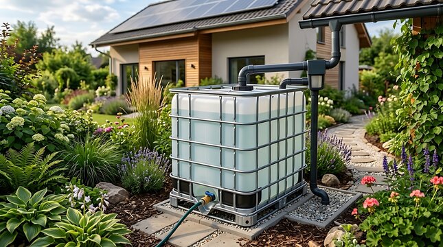 Large plastic water tank in a backyard garden. ibc container