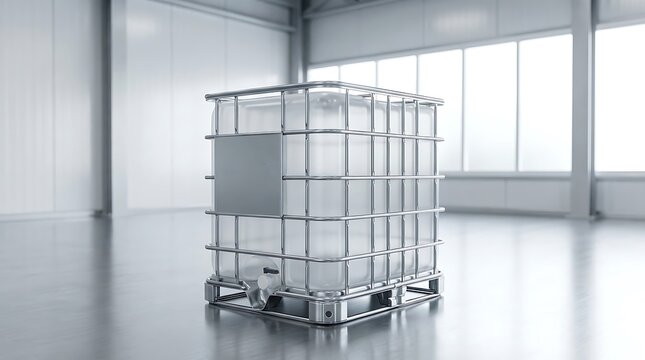 Industrial plastic liquid container in a warehouse. ibc container