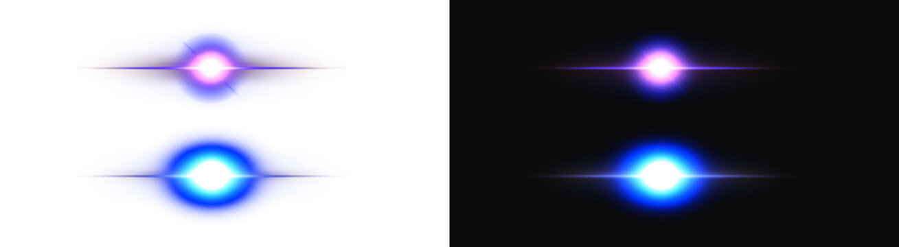 PNG image of Glowing purple and cyan anamorphic lens flare effects featuring sharp horizontal streaks of bright cosmic energy light on transparent background