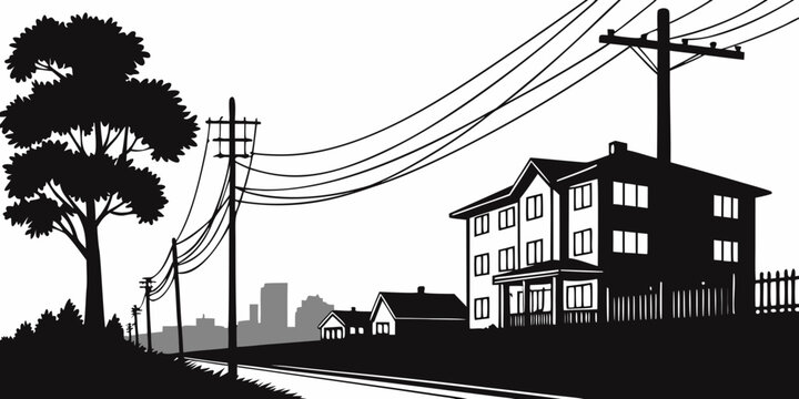 Black and white of a house with power lines and a tree electricity poles