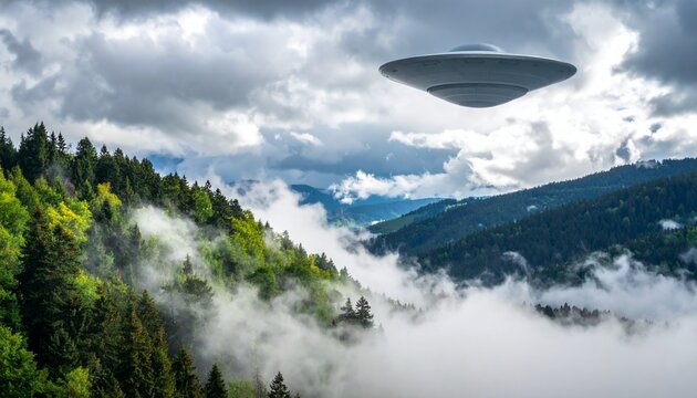 Flying Saucer Hovering Above Misty Mountain Forest Under Storm Clouds