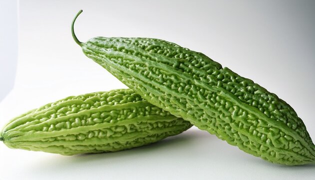 two fresh green bitter melons are placed next to each other on white surface