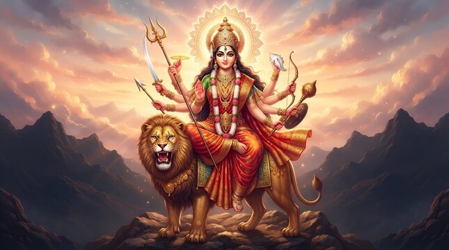 Majestic Depiction of Goddess Durga: The Fierce Divine Warrior Seated on Her Lion, Wielding Sacred Weapons, and Radiating Power Amidst a Fiery Battlefield