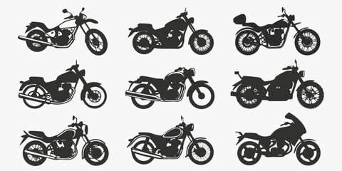 Black and white line of different types of motorcycles motorbikes line black and white vintage cruiser © Mamun