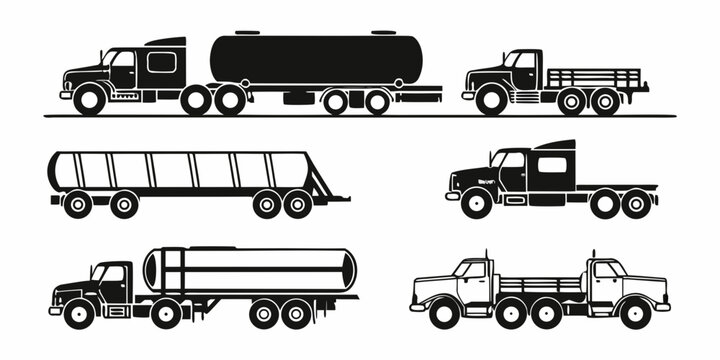 Black and white line collection of six different trucks and trailers line truck semi truck flatbed trailer