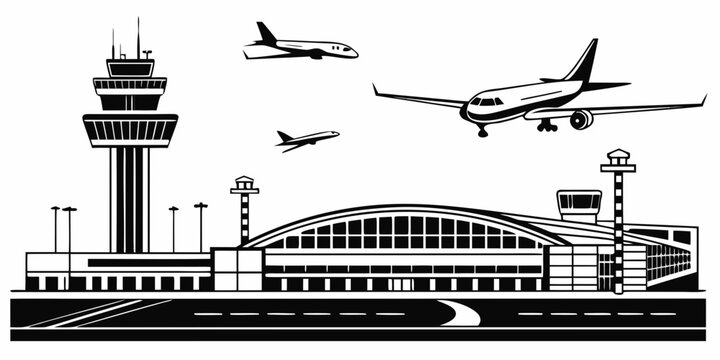 Black and white of a modern airport terminal with airplanes, control tower, and jet bridges