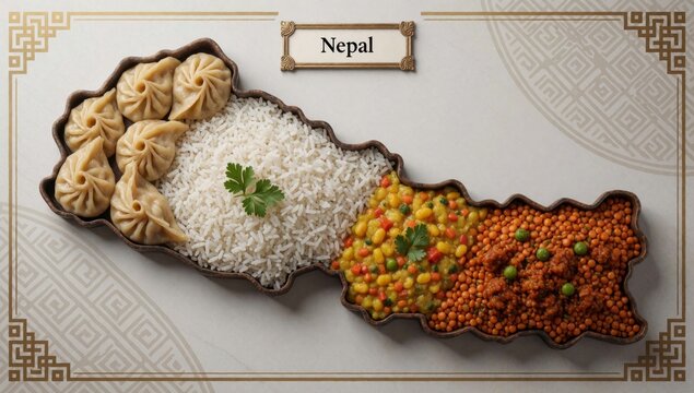 Map nepal shape country made different types food including rice dumplings lentils white fluffy there sprig pa