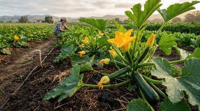 Fresh green zucchini squash growing on a local organic farm field with yellow blossoms and a hardworking farmer tending the crop in the background