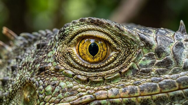 macro shot of an iguana&rsquo;s yellow eye
