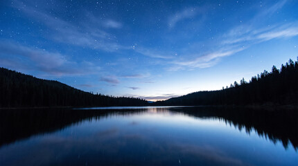 Serene night landscape with a calm lake reflecting the starry sky and forest © MdAsiful