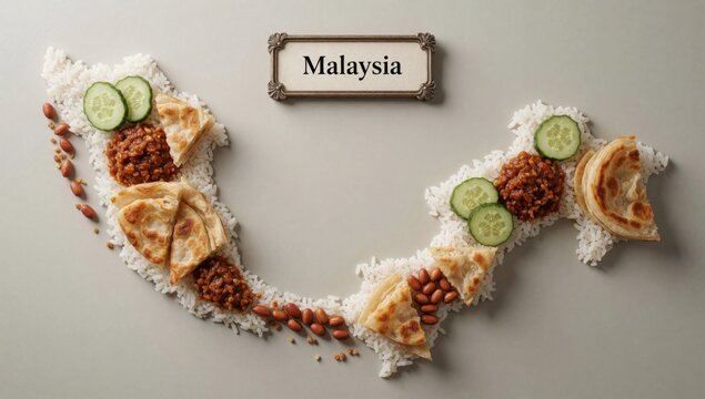 Flat lay map malaysia made white rice various food items shape country's capital city word written cursive fon