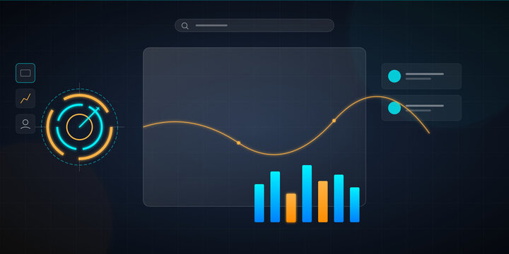 Futuristic financial dashboard interface with data visualization elements on transparent background