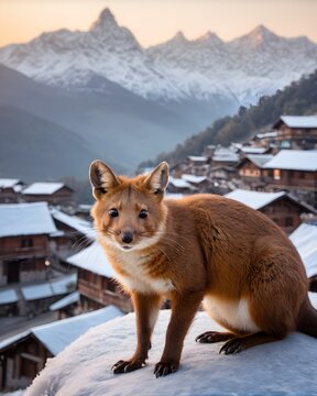 A  bronze dhole  rat genetic hybrid experiment ai-generated, fictional species in a mountain village