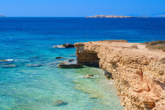 Rocky coastline with Aegean Sea, Koufonisi, Cyclades, Greece