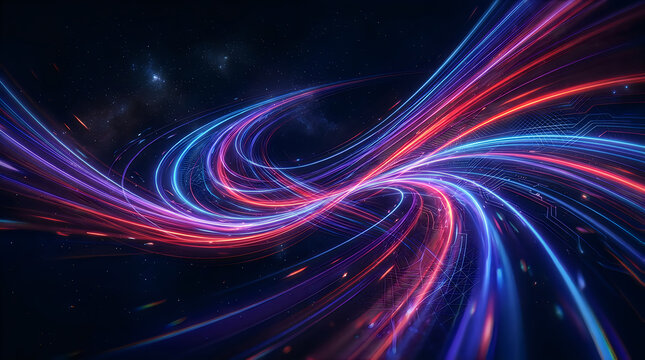 Abstract swirling light trails in dark space background isolated on white background, illustration