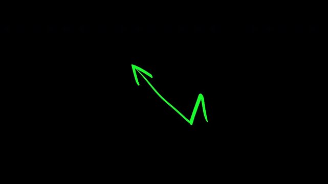 Green hand-drawn neon zigzag arrow pointing up on black background. Sketch style indicator.