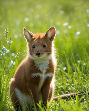 A dhole rat genetic hybrid experiment ai-generated, fictional species  in a sunlit spring meadow