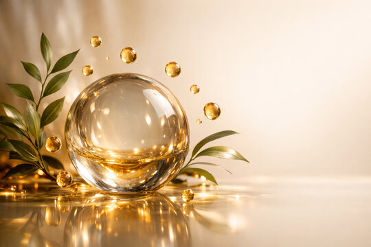 Golden Botanical Serum Universe with Luxury Skincare Product Background Design