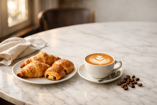Luxury Coffee and Artisan Pastry Caf&eacute; Breakfast with Elegant Copy Space Background