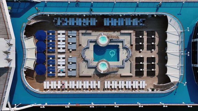 Aerial view luxury ocean cruise ship on clam blue sea, Elegant modern travel lifestyle, Luxury cruise ship liner modern maritime business ocean tourism, Global business cruise ship liner industry.