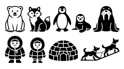 Arctic Animals Inuit People Igloo and Dog Sled Black Vector Cartoon Collection © MdBarat